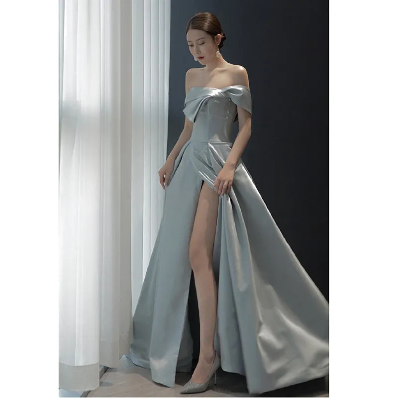 2022 New Design French Style Off Shoulder Asymmetrical Satin Celebrity Banquet Evening Dress