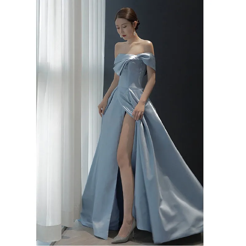 2022 New Design French Style Off Shoulder Asymmetrical Satin Celebrity Banquet Evening Dress