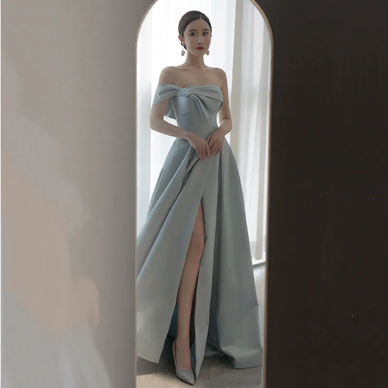 2022 New Design French Style Off Shoulder Asymmetrical Satin Celebrity Banquet Evening Dress