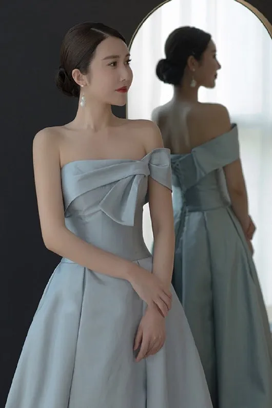 2022 New Design French Style Off Shoulder Asymmetrical Satin Celebrity Banquet Evening Dress