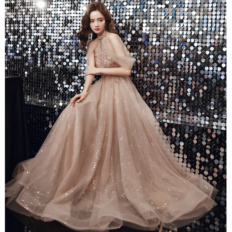 2022 Summer Sequin Embroidered Halter Neck Off Shoulder Champagne Evening Dress Banquet Elegant Celebrity Bridesmaid Presenter Performance Dress for Women