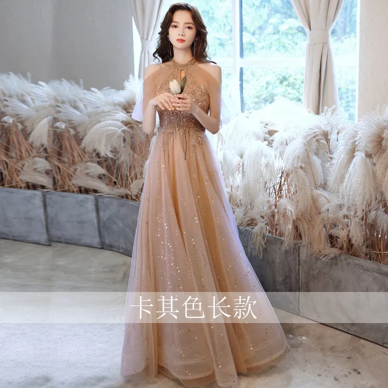 2022 Summer Sequin Embroidered Halter Neck Off Shoulder Champagne Evening Dress Banquet Elegant Celebrity Bridesmaid Presenter Performance Dress for Women