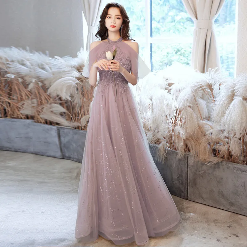 2022 Summer Sequin Embroidered Halter Neck Off Shoulder Champagne Evening Dress Banquet Elegant Celebrity Bridesmaid Presenter Performance Dress for Women