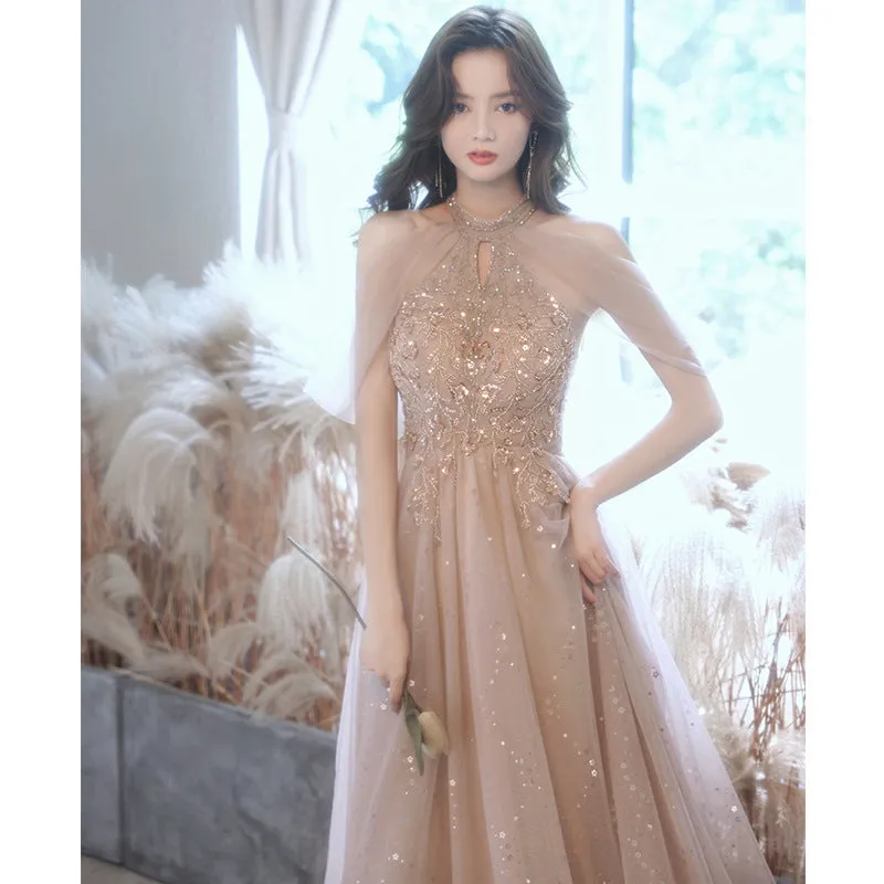 2022 Summer Sequin Embroidered Halter Neck Off Shoulder Champagne Evening Dress Banquet Elegant Celebrity Bridesmaid Presenter Performance Dress for Women