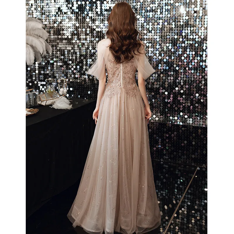 2022 Summer Sequin Embroidered Halter Neck Off Shoulder Champagne Evening Dress Banquet Elegant Celebrity Bridesmaid Presenter Performance Dress for Women