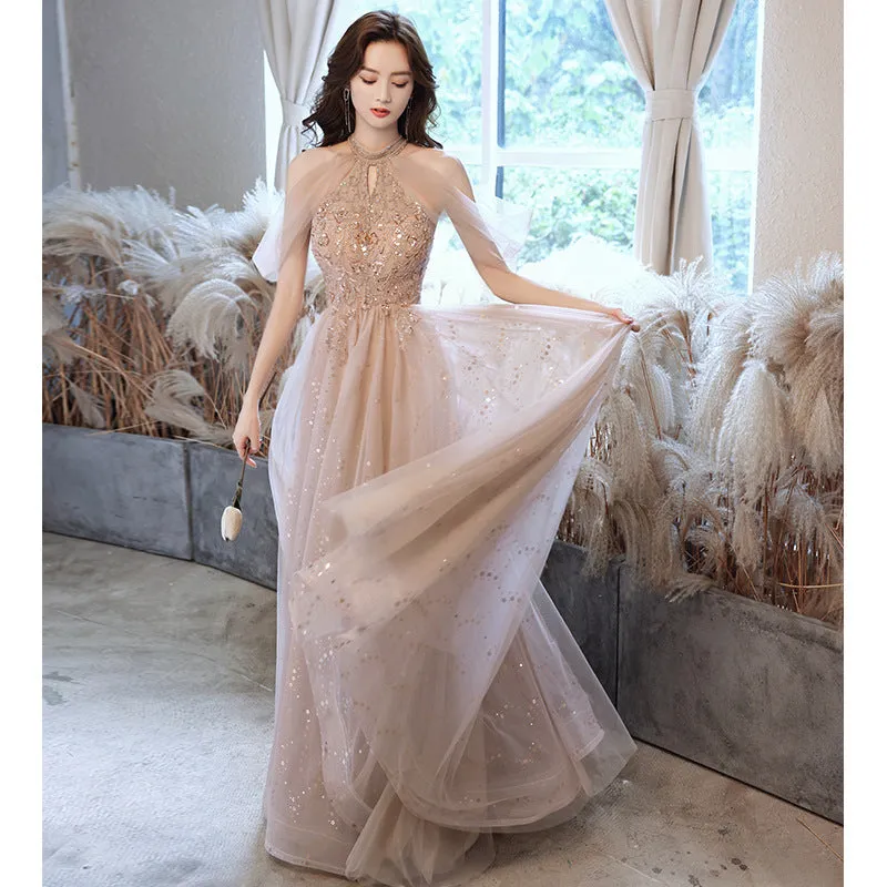2022 Summer Sequin Embroidered Halter Neck Off Shoulder Champagne Evening Dress Banquet Elegant Celebrity Bridesmaid Presenter Performance Dress for Women