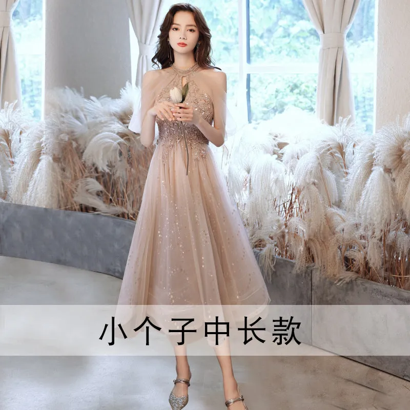 2022 Summer Sequin Embroidered Halter Neck Off Shoulder Champagne Evening Dress Banquet Elegant Celebrity Bridesmaid Presenter Performance Dress for Women