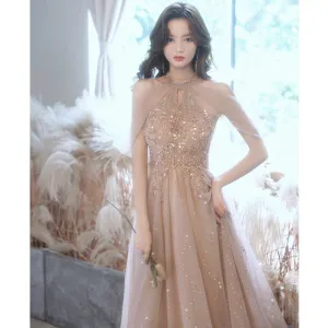 2022 Summer Sequin Embroidered Halter Neck Off Shoulder Champagne Evening Dress Banquet Elegant Celebrity Bridesmaid Presenter Performance Dress for Women