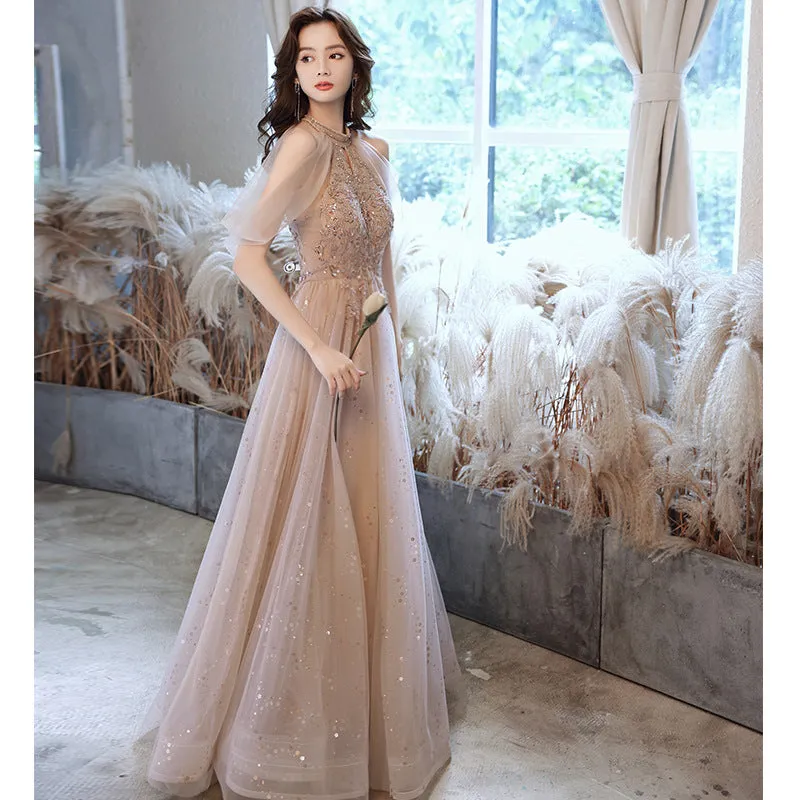 2022 Summer Sequin Embroidered Halter Neck Off Shoulder Champagne Evening Dress Banquet Elegant Celebrity Bridesmaid Presenter Performance Dress for Women