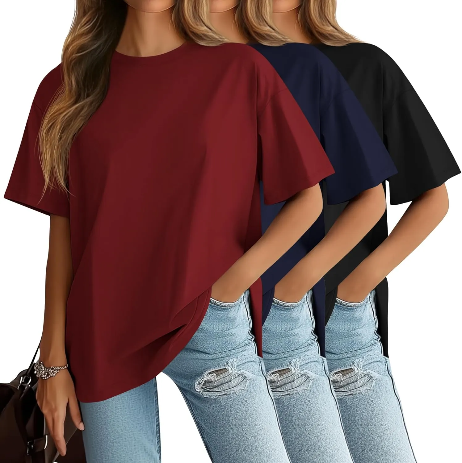3 Pack Womens Oversized T Shirts Loose Fit Crewneck Short Sleeve Casual Tops 2025 Summer Baggy Workout Basic Tee
