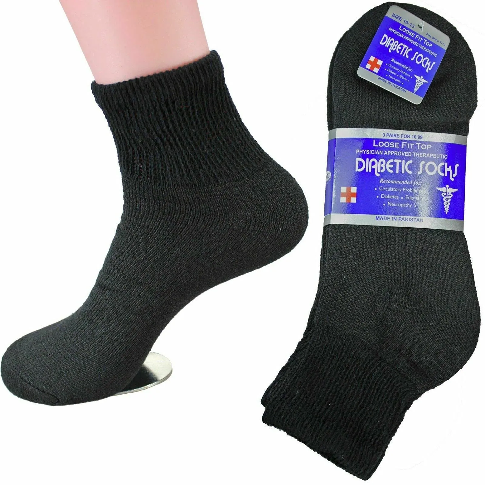3 Pair Ankle Quarter Crew Diabetic Socks Men's Women's Unisex Size 9-11 Black