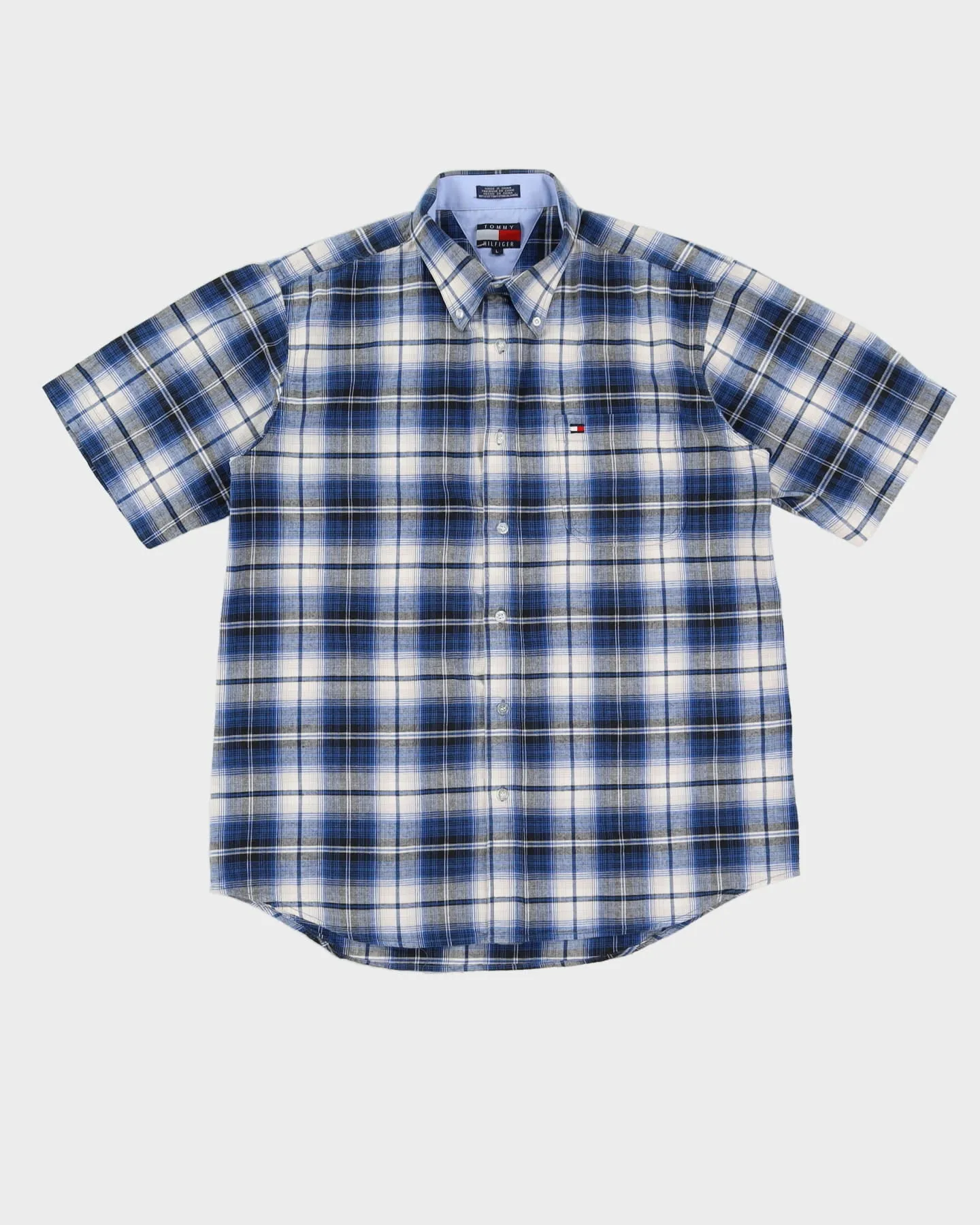 90s Tommy Hilfiger Blue Check Patterned Short-Sleeve Shirt - L