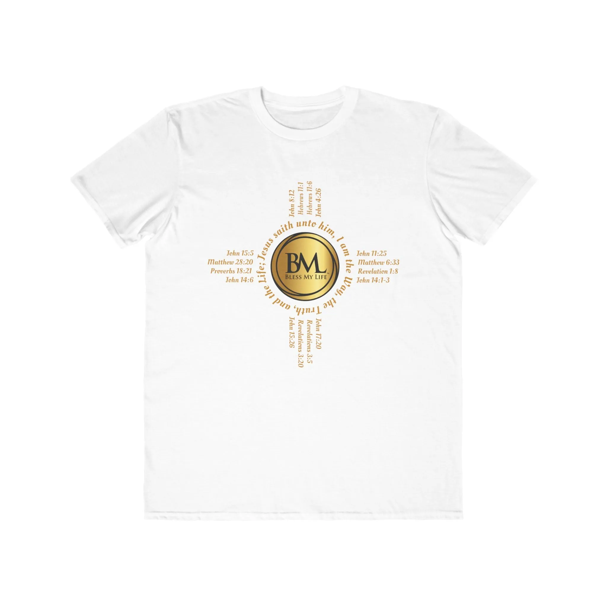 A New Mexican Favorite, Kingdom Walk Fashion Tee with Biblical Scriptures surrounding BML logo and in the form of the famed & respected Zia Pueblo Symbol