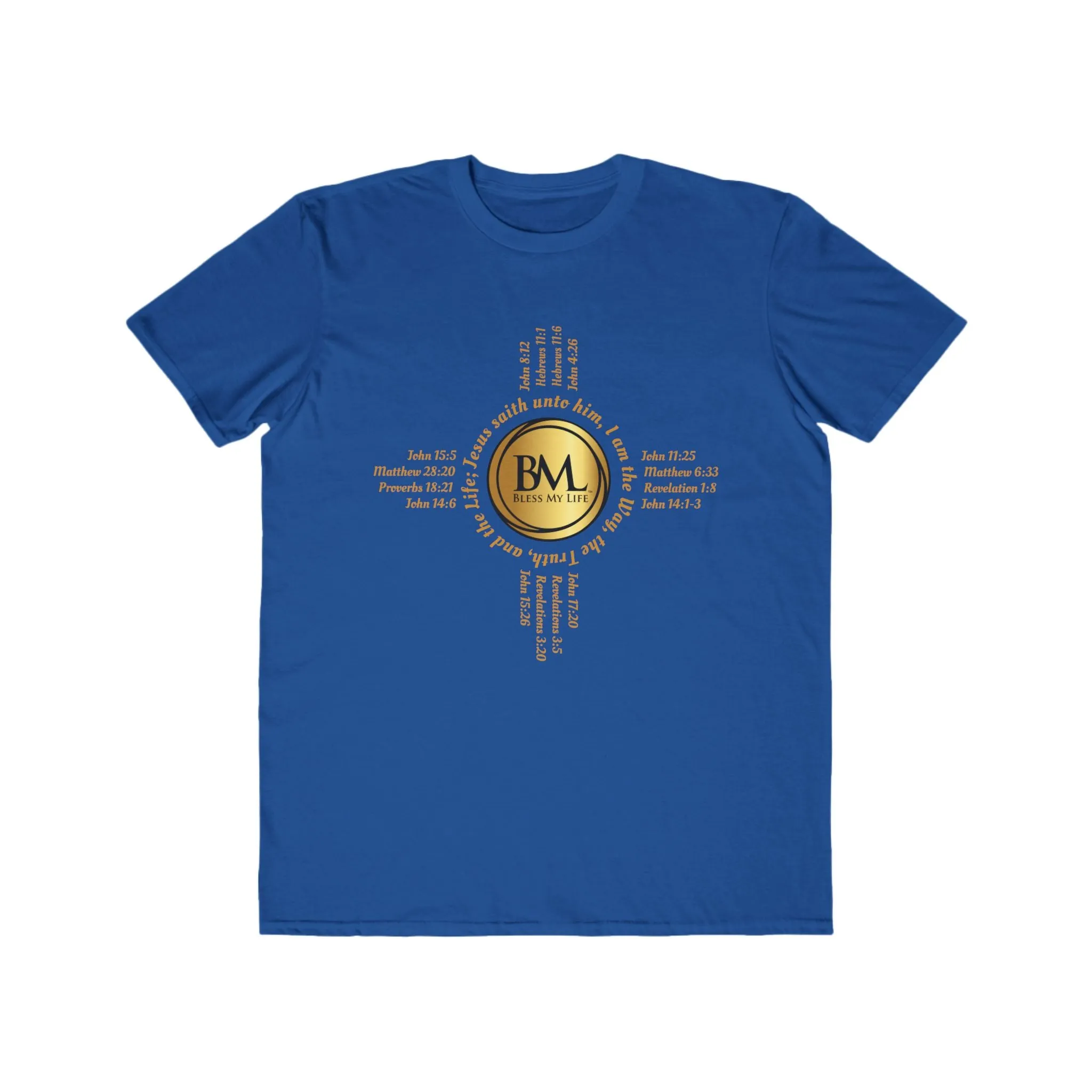 A New Mexican Favorite, Kingdom Walk Fashion Tee with Biblical Scriptures surrounding BML logo and in the form of the famed & respected Zia Pueblo Symbol