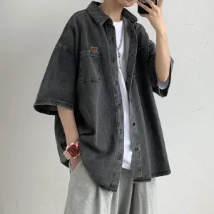 Aidase Bear Embroidered Denim Short Sleeve Shirt Men's summer half Sleeve coat thin ruffian handsome trend camisa shirts streetwear