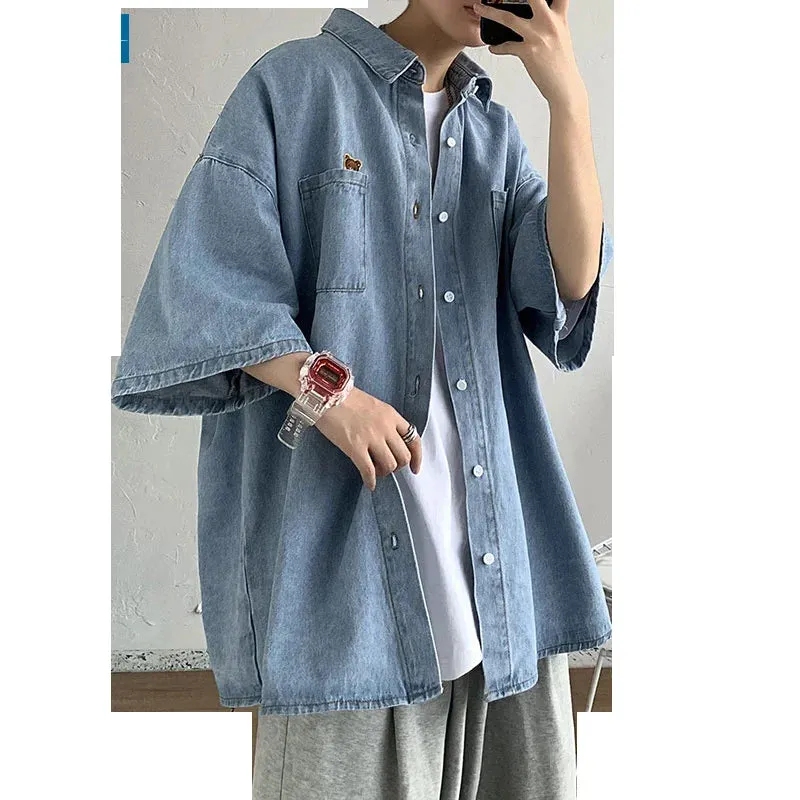 Aidase Bear Embroidered Denim Short Sleeve Shirt Men's summer half Sleeve coat thin ruffian handsome trend camisa shirts streetwear