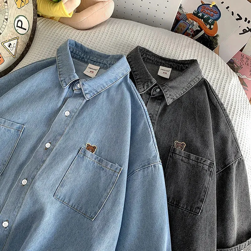 Aidase Bear Embroidered Denim Short Sleeve Shirt Men's summer half Sleeve coat thin ruffian handsome trend camisa shirts streetwear
