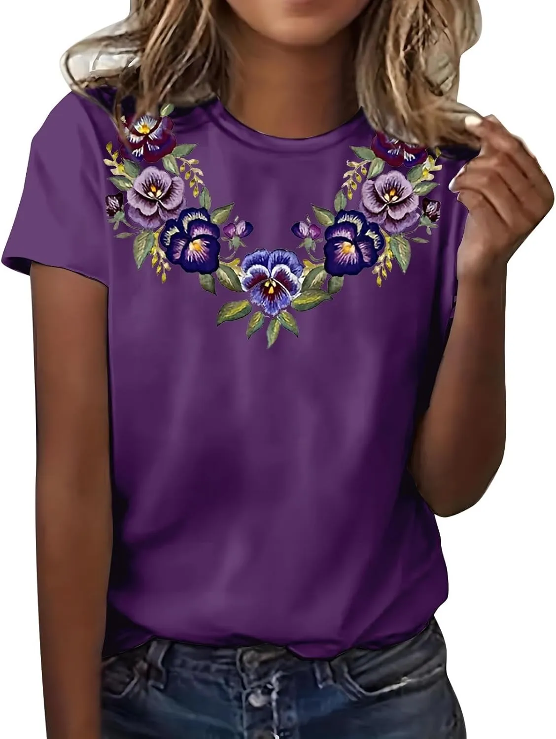 Alzheimers Awareness Shirts Women Crewneck Floral Print Graphic Tee Casual Summer Tops Short Sleeve Loose Comfy T Shirts
