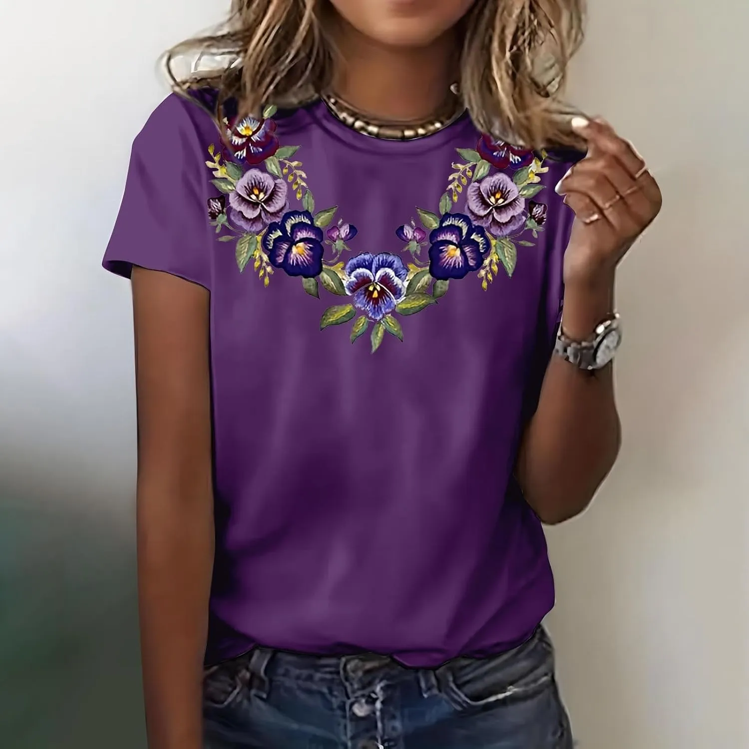 Alzheimers Awareness Shirts Women Crewneck Floral Print Graphic Tee Casual Summer Tops Short Sleeve Loose Comfy T Shirts