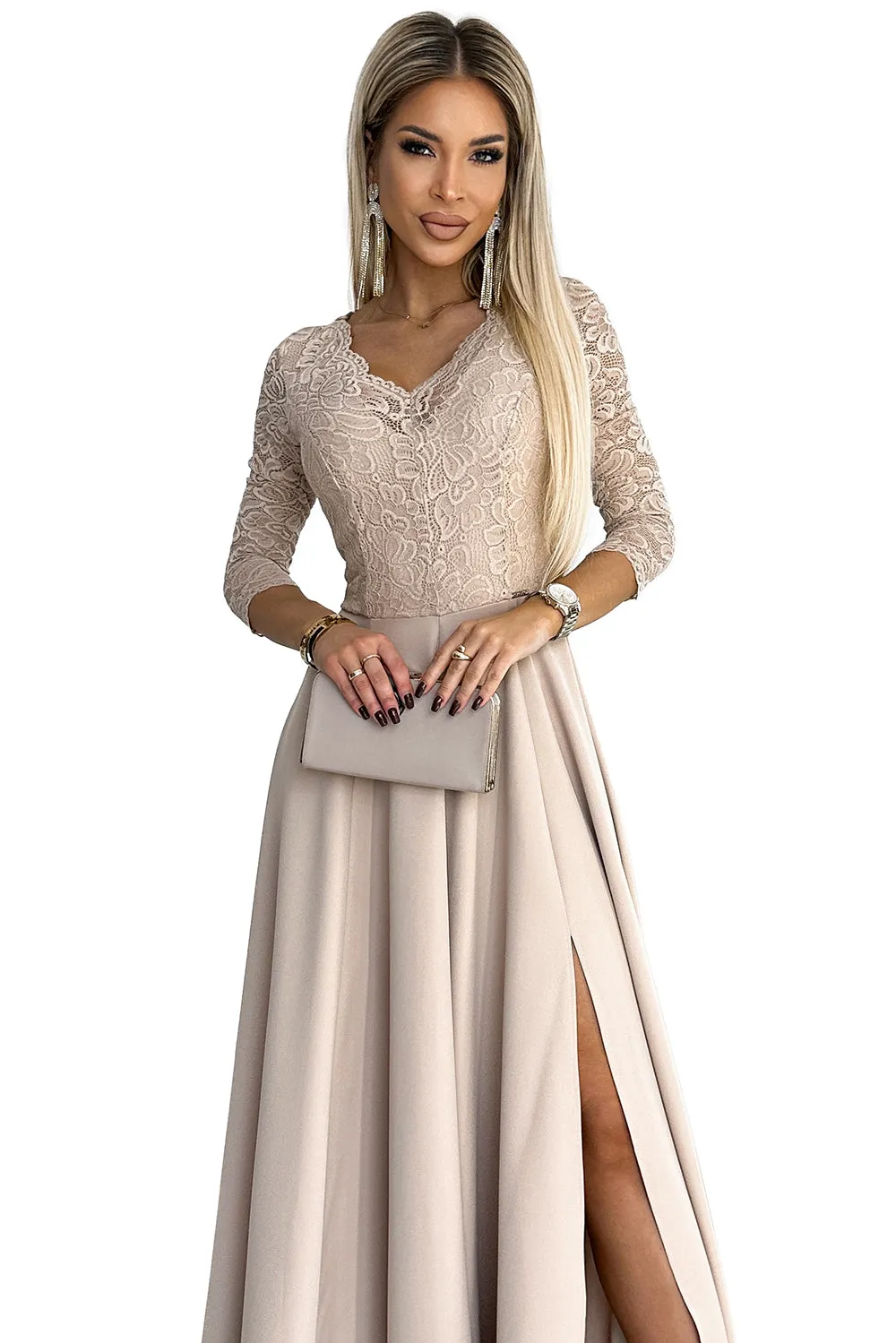 AMBER lace; elegant long dress with a neckline and leg slit - beige