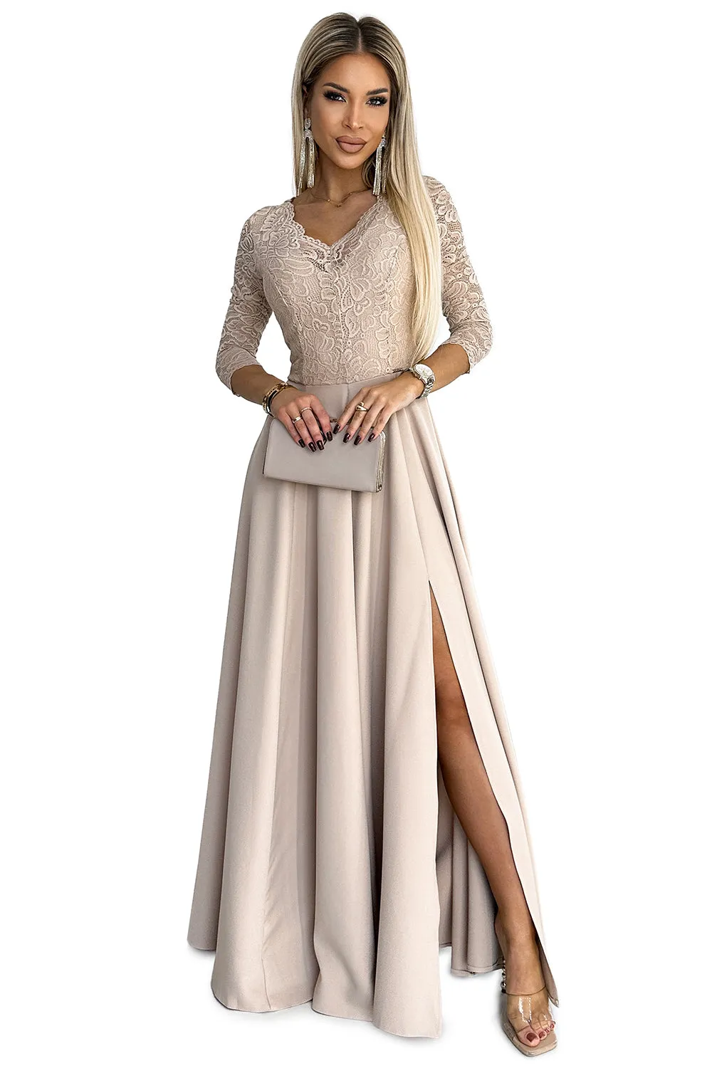 AMBER lace; elegant long dress with a neckline and leg slit - beige