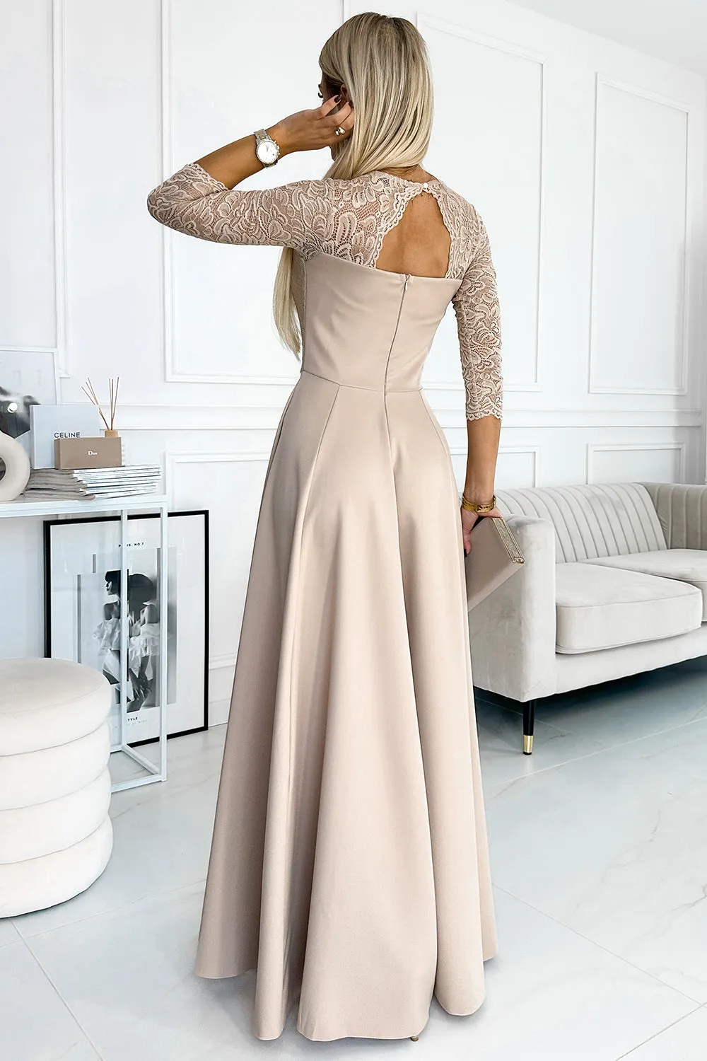AMBER lace; elegant long dress with a neckline and leg slit - beige