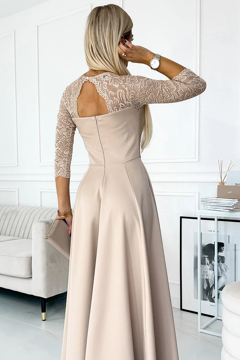AMBER lace; elegant long dress with a neckline and leg slit - beige