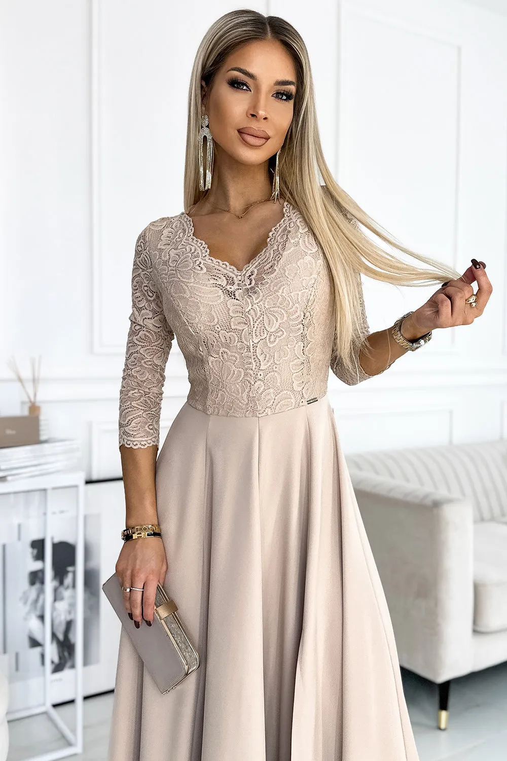 AMBER lace; elegant long dress with a neckline and leg slit - beige