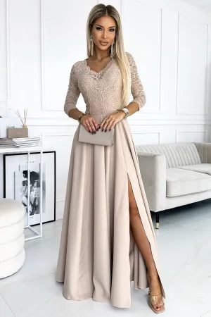 AMBER lace; elegant long dress with a neckline and leg slit - beige
