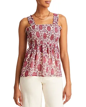 Aqua Floral Print Smocked Babydoll Top