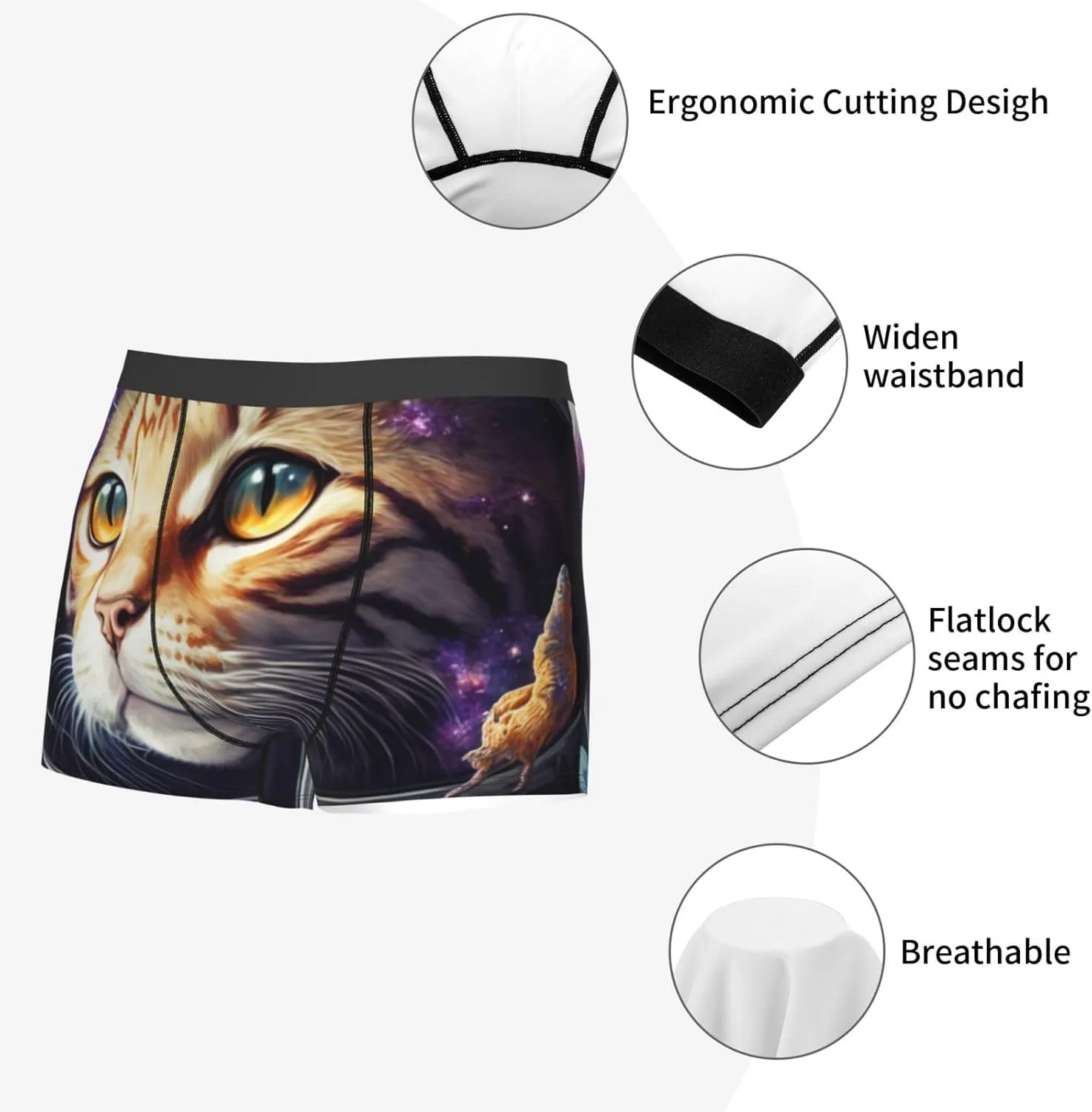 Astronaut Cat Print Boxer Briefs For Men Breathable Underwear-