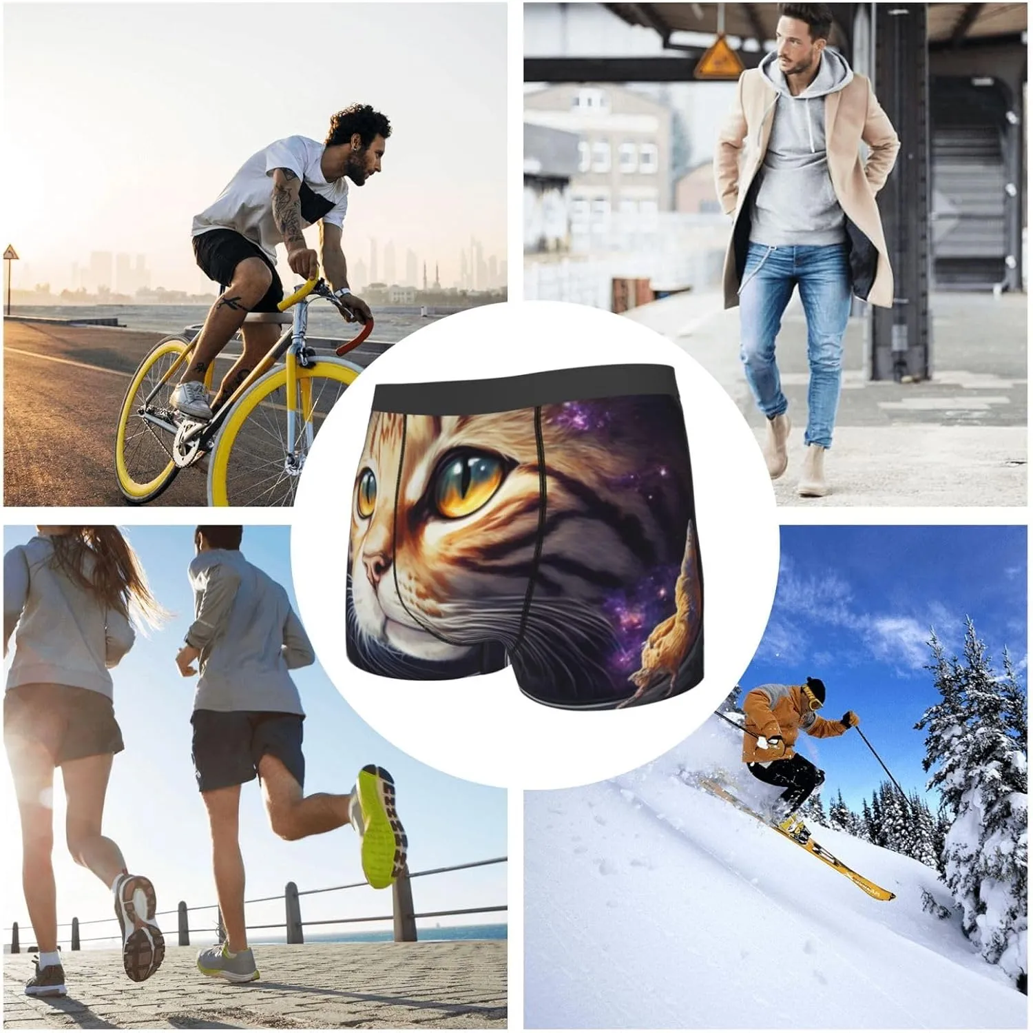 Astronaut Cat Print Boxer Briefs For Men Breathable Underwear-