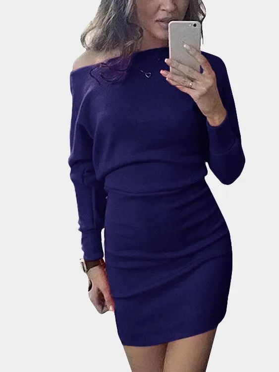 Asymmetrical One Shoulder Long Sleeve Plain Bodycon Mini Dresses
