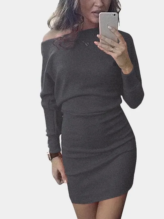 Asymmetrical One Shoulder Long Sleeve Plain Bodycon Mini Dresses