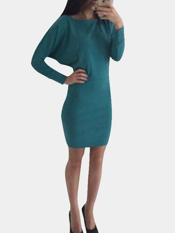 Asymmetrical One Shoulder Long Sleeve Plain Bodycon Mini Dresses