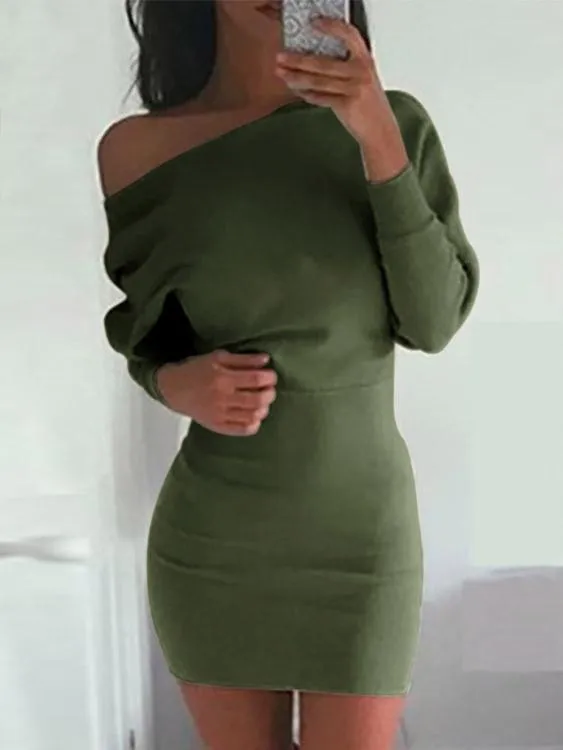 Asymmetrical One Shoulder Long Sleeve Plain Bodycon Mini Dresses