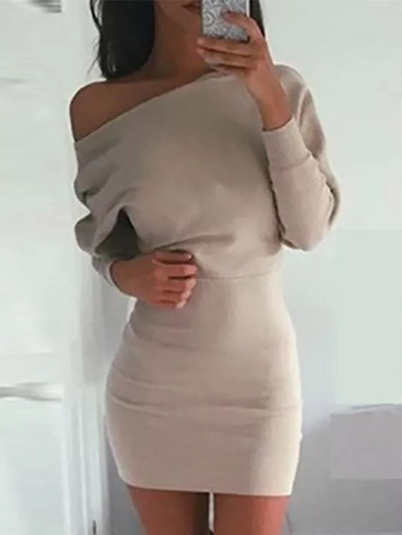 Asymmetrical One Shoulder Long Sleeve Plain Bodycon Mini Dresses