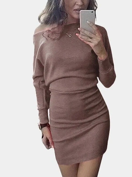 Asymmetrical One Shoulder Long Sleeve Plain Bodycon Mini Dresses