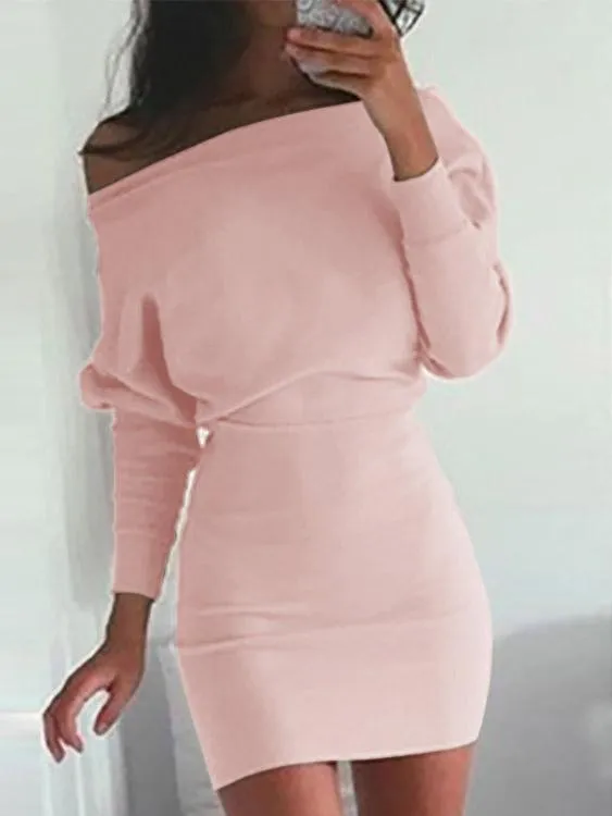 Asymmetrical One Shoulder Long Sleeve Plain Bodycon Mini Dresses