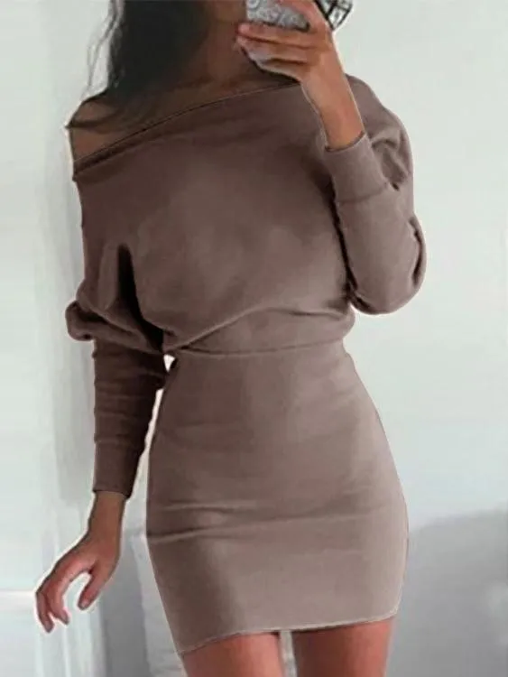 Asymmetrical One Shoulder Long Sleeve Plain Bodycon Mini Dresses