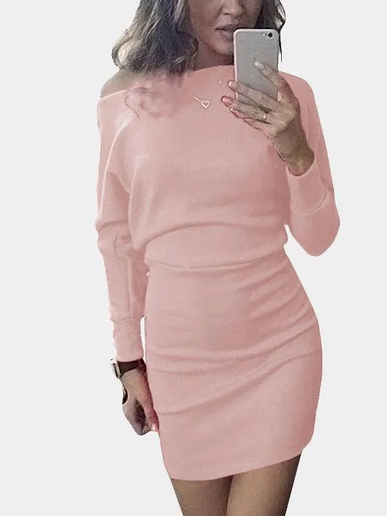 Asymmetrical One Shoulder Long Sleeve Plain Bodycon Mini Dresses