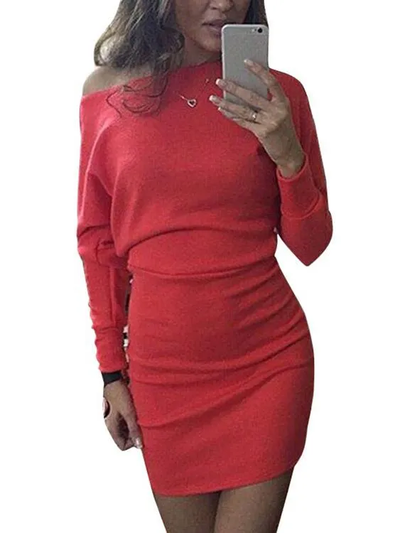 Asymmetrical One Shoulder Long Sleeve Plain Bodycon Mini Dresses