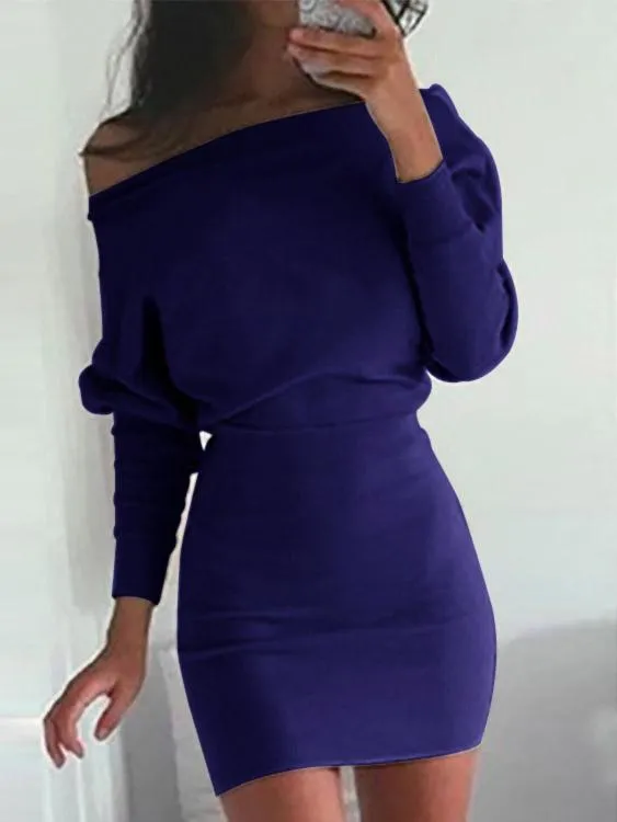 Asymmetrical One Shoulder Long Sleeve Plain Bodycon Mini Dresses