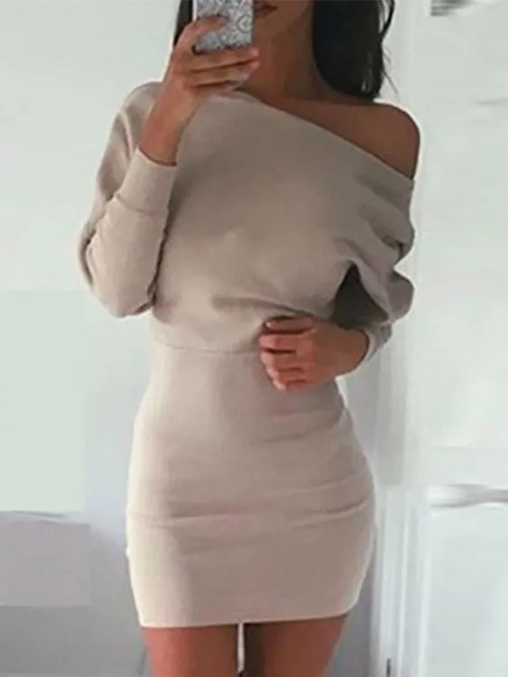 Asymmetrical One Shoulder Long Sleeve Plain Bodycon Mini Dresses