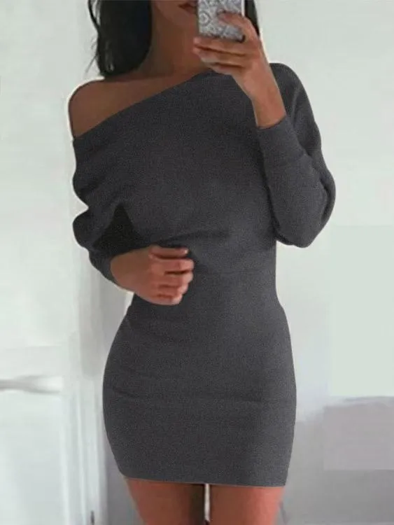 Asymmetrical One Shoulder Long Sleeve Plain Bodycon Mini Dresses