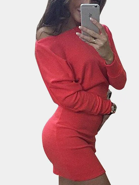 Asymmetrical One Shoulder Long Sleeve Plain Bodycon Mini Dresses