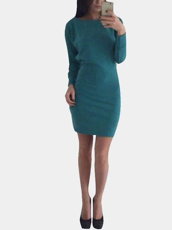 Asymmetrical One Shoulder Long Sleeve Plain Bodycon Mini Dresses
