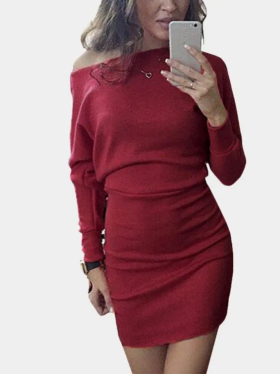 Asymmetrical One Shoulder Long Sleeve Plain Bodycon Mini Dresses