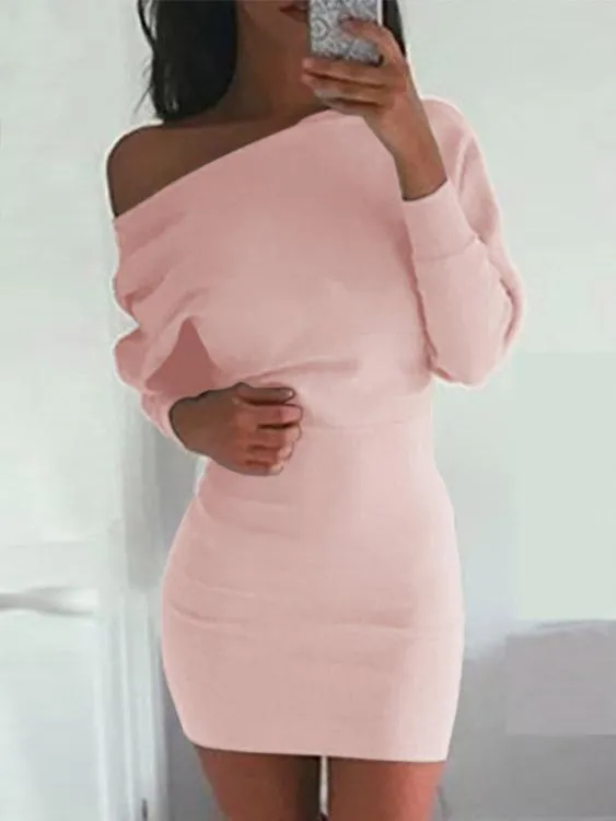 Asymmetrical One Shoulder Long Sleeve Plain Bodycon Mini Dresses
