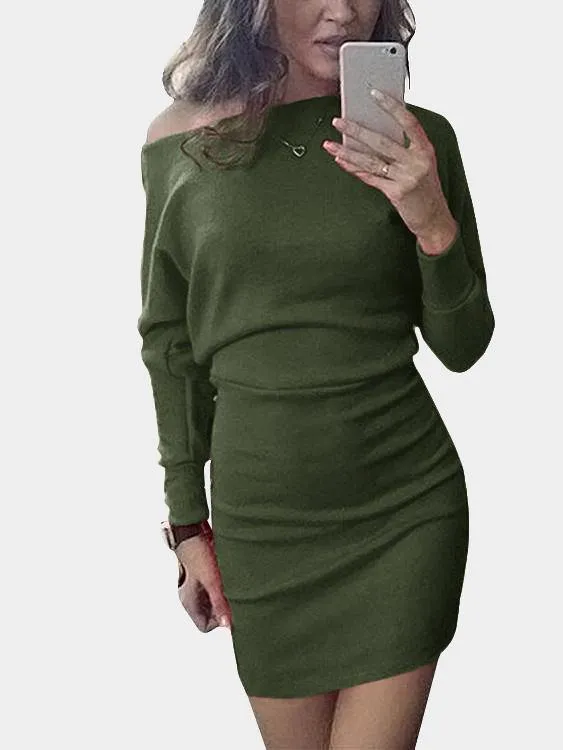 Asymmetrical One Shoulder Long Sleeve Plain Bodycon Mini Dresses